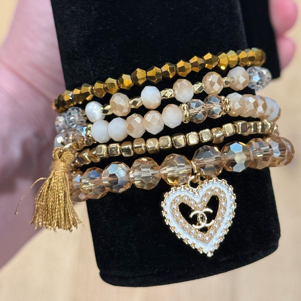 Gold and White Beaded Bracelet Set with Heart Charm